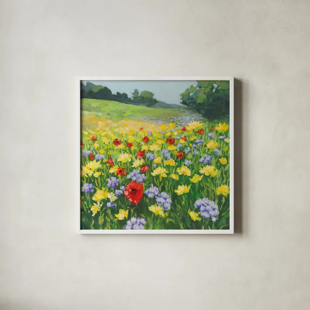 My Meadow by Julia Purinton. Shown in a crisp white glass frame for a clean and minimalist style. Available as an archival giclee rolled canvas, fine art paper, or poster print. SKU 95722a.