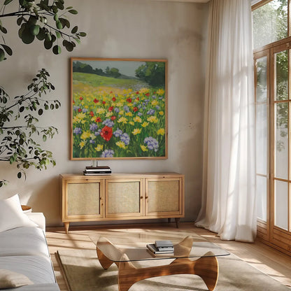 My Meadow by Julia Purinton. Shown in a natural wood frame in a cozy modern living room. Available as an archival giclee rolled canvas, fine art paper, or poster print. SKU 95722a.
