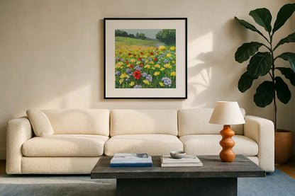 My Meadow by Julia Purinton. Displayed in a glass frame with matte in a clean modern living room. Available as an archival giclee rolled canvas, fine art paper, or poster print. SKU 95722a.
