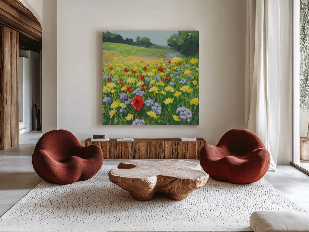 My Meadow by Julia Purinton. Shown as extra-large giant wall art in a modern living room. Available as an archival giclee rolled canvas, fine art paper, or poster print. SKU 95722a.