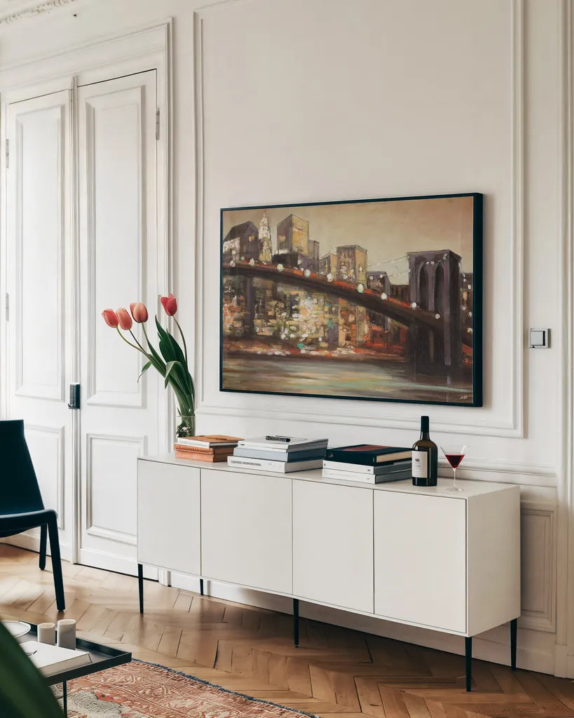 NYC After Hours Crop by Julia Purinton. shown as a framed stretched canvas in a living room above a console. Available as a archival giclee rolled canvas, fine art paper, or poster print. SKU 14686i.