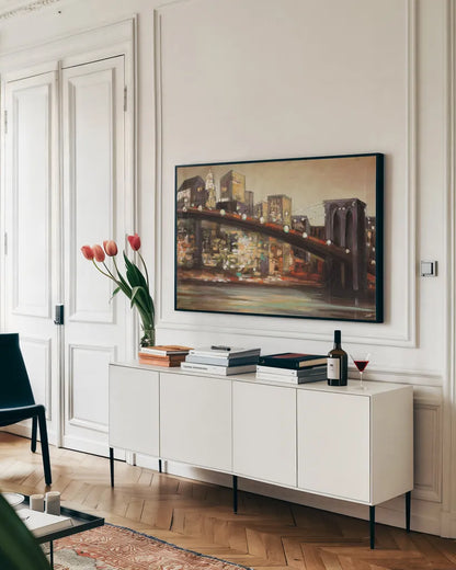 NYC After Hours Crop by Julia Purinton. shown as a framed stretched canvas in a living room above a console. Available as a archival giclee rolled canvas, fine art paper, or poster print. SKU 14686i.