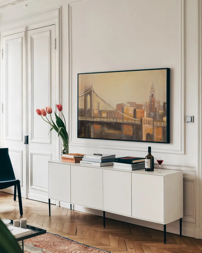 NYC Dawn Crop by Julia Purinton. shown as a framed stretched canvas in a living room above a console. Available as a archival giclee rolled canvas, fine art paper, or poster print. SKU 20875i.