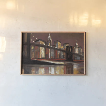 NYC Nitetime Crop by Julia Purinton. shown as a paper print in a natural frame. Available as a archival giclee rolled canvas, fine art paper, or poster print. SKU 17262i.