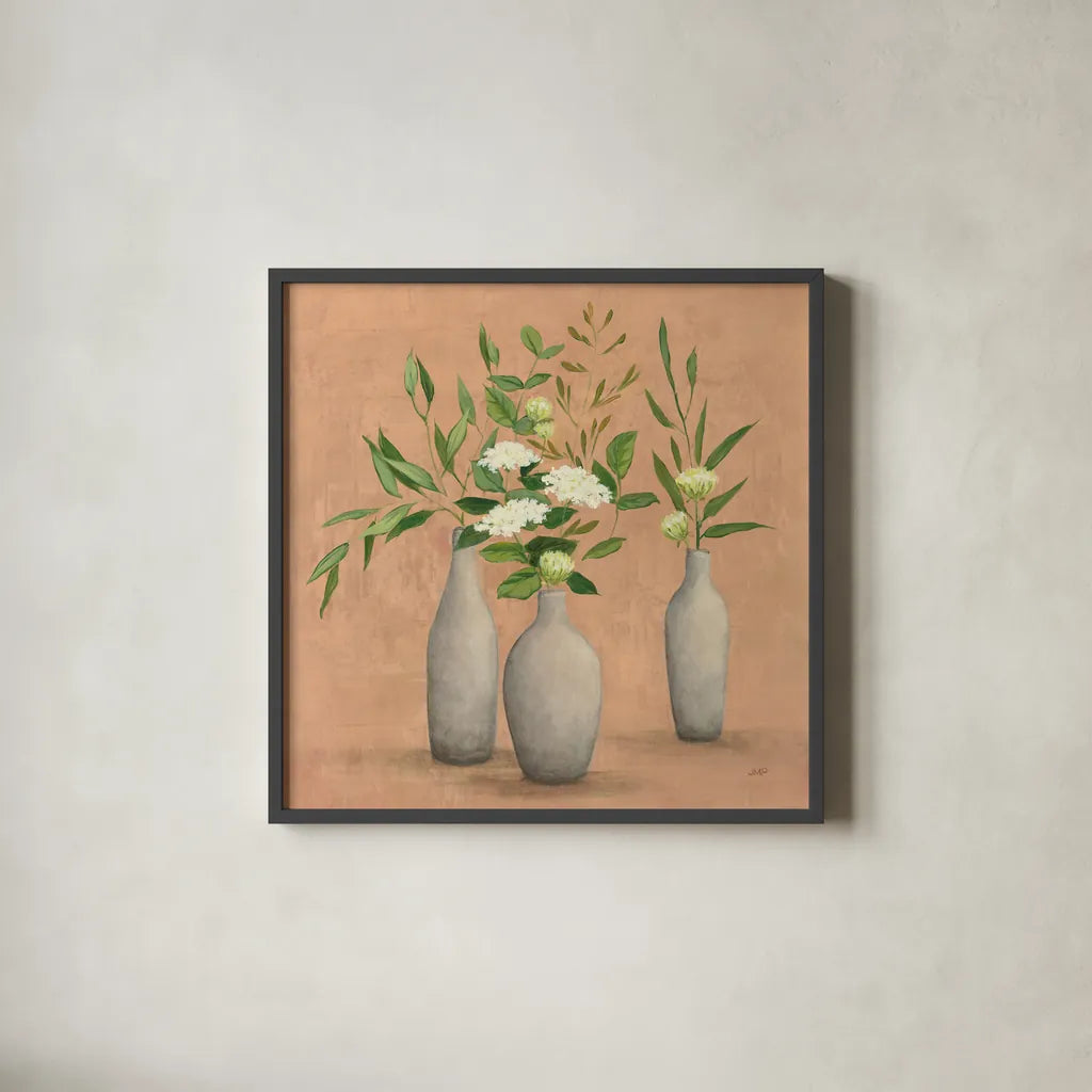 Natural Bouquet I by Julia Purinton. Shown in a sleek black glass frame for a contemporary gallery look. Available as an archival giclee rolled canvas, fine art paper, or poster print. SKU 52738a.