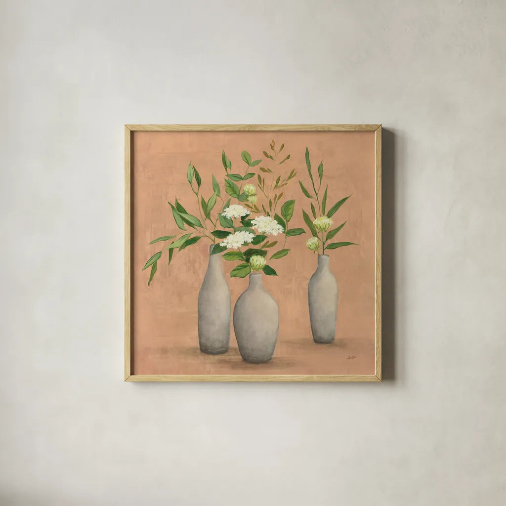 Natural Bouquet I by Julia Purinton. Shown in a natural wood glass frame for a timeless modern aesthetic. Available as an archival giclee rolled canvas, fine art paper, or poster print. SKU 52738a.