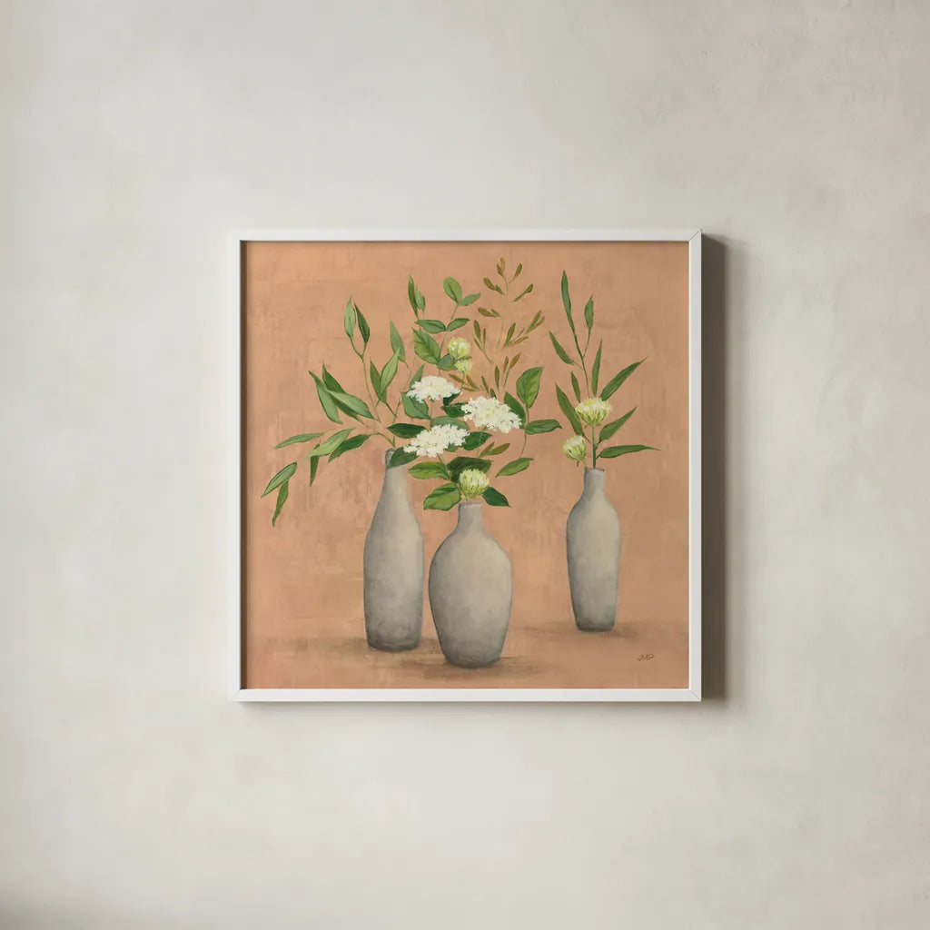 Natural Bouquet I by Julia Purinton. Shown in a crisp white glass frame for a clean and minimalist style. Available as an archival giclee rolled canvas, fine art paper, or poster print. SKU 52738a.