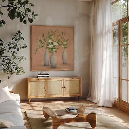 Natural Bouquet I by Julia Purinton. Shown in a natural wood frame in a cozy modern living room. Available as an archival giclee rolled canvas, fine art paper, or poster print. SKU 52738a.