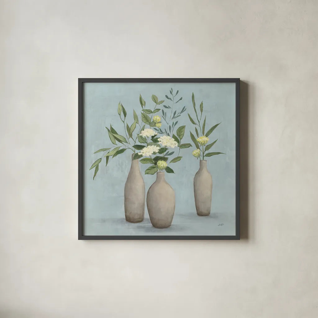 Natural Bouquet I Blue by Julia Purinton. Shown in a sleek black glass frame for a contemporary gallery look. Available as an archival giclee rolled canvas, fine art paper, or poster print. SKU 57584a.