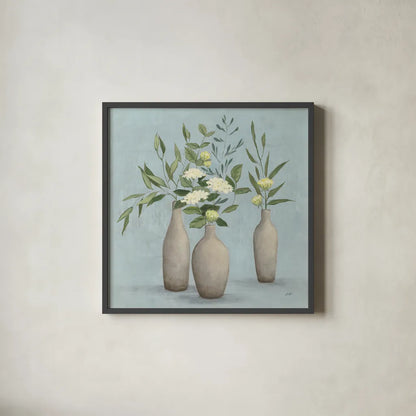 Natural Bouquet I Blue by Julia Purinton. Shown in a sleek black glass frame for a contemporary gallery look. Available as an archival giclee rolled canvas, fine art paper, or poster print. SKU 57584a.