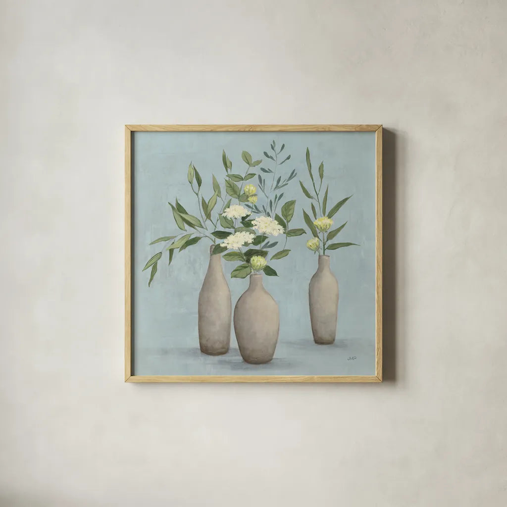 Natural Bouquet I Blue by Julia Purinton. Shown in a natural wood glass frame for a timeless modern aesthetic. Available as an archival giclee rolled canvas, fine art paper, or poster print. SKU 57584a.