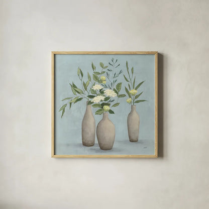 Natural Bouquet I Blue by Julia Purinton. Shown in a natural wood glass frame for a timeless modern aesthetic. Available as an archival giclee rolled canvas, fine art paper, or poster print. SKU 57584a.