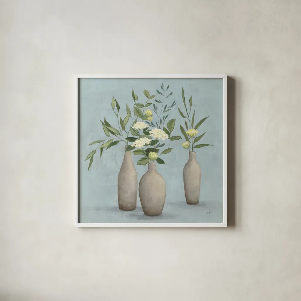 Natural Bouquet I Blue by Julia Purinton. Shown in a crisp white glass frame for a clean and minimalist style. Available as an archival giclee rolled canvas, fine art paper, or poster print. SKU 57584a.