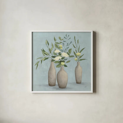Natural Bouquet I Blue by Julia Purinton. Shown in a crisp white glass frame for a clean and minimalist style. Available as an archival giclee rolled canvas, fine art paper, or poster print. SKU 57584a.