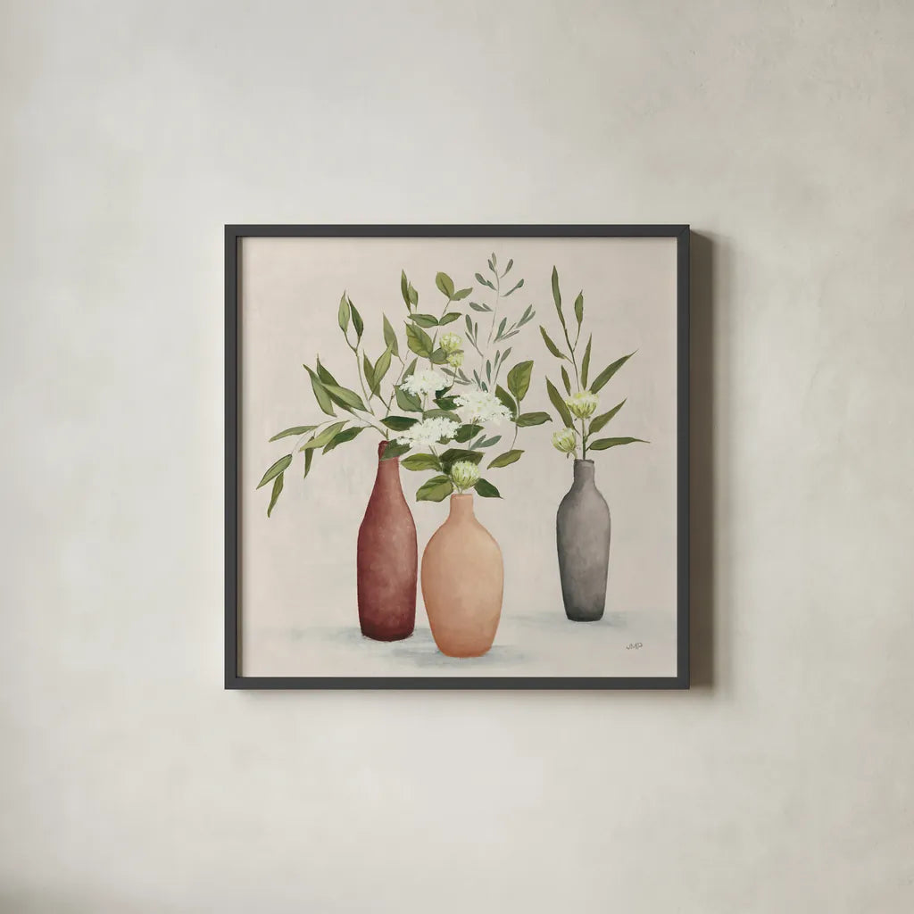 Natural Bouquet I Gray by Julia Purinton. Shown in a sleek black glass frame for a contemporary gallery look. Available as an archival giclee rolled canvas, fine art paper, or poster print. SKU 72204a.