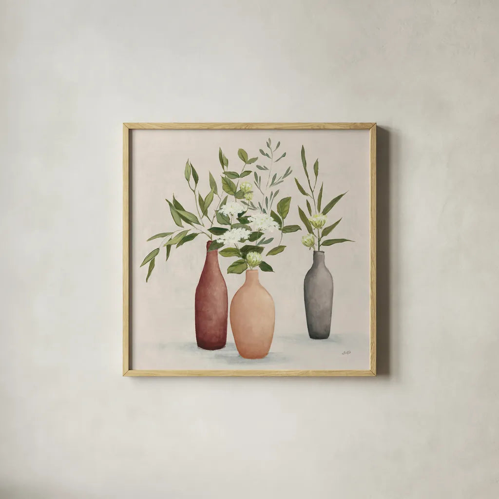 Natural Bouquet I Gray by Julia Purinton. Shown in a natural wood glass frame for a timeless modern aesthetic. Available as an archival giclee rolled canvas, fine art paper, or poster print. SKU 72204a.