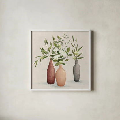 Natural Bouquet I Gray by Julia Purinton. Shown in a crisp white glass frame for a clean and minimalist style. Available as an archival giclee rolled canvas, fine art paper, or poster print. SKU 72204a.
