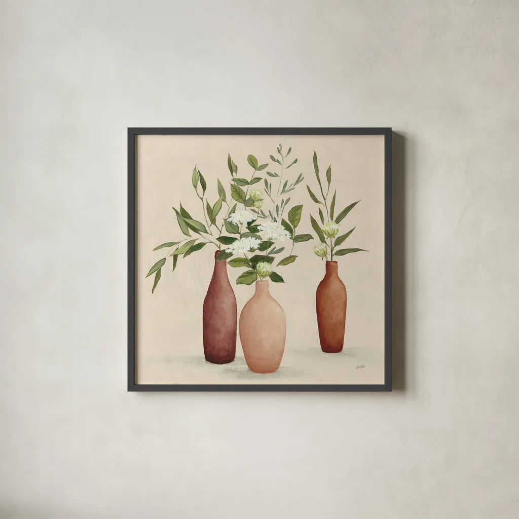 Natural Bouquet I Light by Julia Purinton. Shown in a sleek black glass frame for a contemporary gallery look. Available as an archival giclee rolled canvas, fine art paper, or poster print. SKU 67040a.