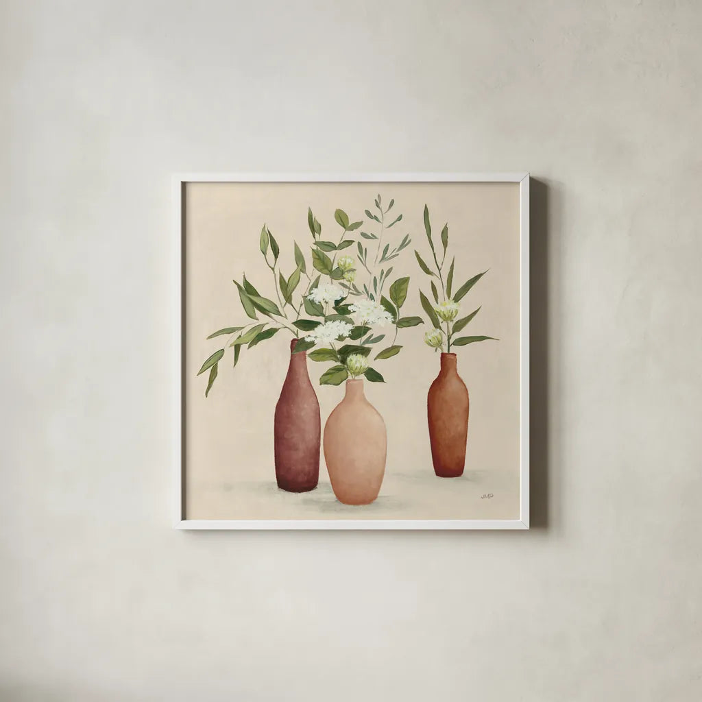Natural Bouquet I Light by Julia Purinton. Shown in a crisp white glass frame for a clean and minimalist style. Available as an archival giclee rolled canvas, fine art paper, or poster print. SKU 67040a.