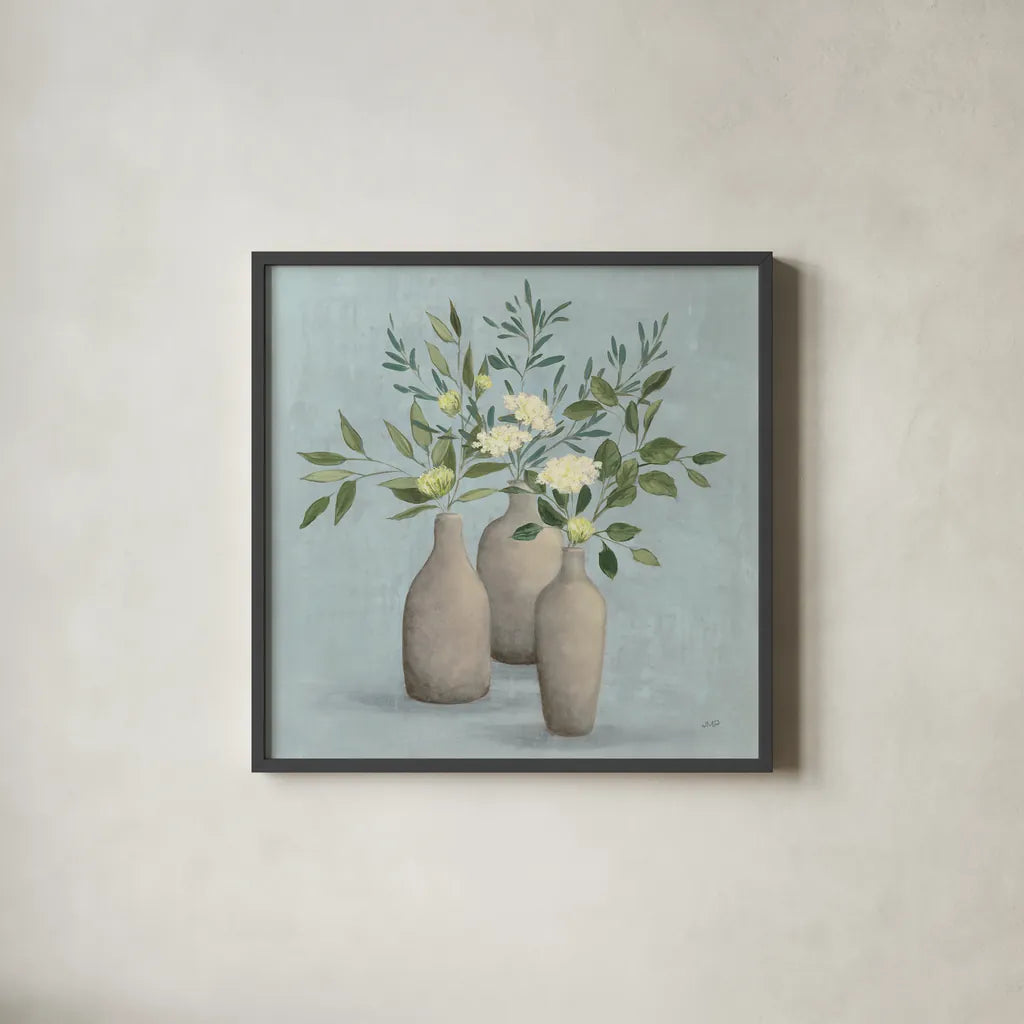 Natural Bouquet II Blue by Julia Purinton. Shown in a sleek black glass frame for a contemporary gallery look. Available as an archival giclee rolled canvas, fine art paper, or poster print. SKU 57585a.