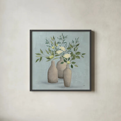 Natural Bouquet II Blue by Julia Purinton. Shown in a sleek black glass frame for a contemporary gallery look. Available as an archival giclee rolled canvas, fine art paper, or poster print. SKU 57585a.