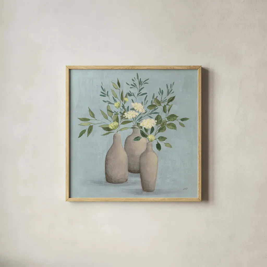 Natural Bouquet II Blue by Julia Purinton. Shown in a natural wood glass frame for a timeless modern aesthetic. Available as an archival giclee rolled canvas, fine art paper, or poster print. SKU 57585a.