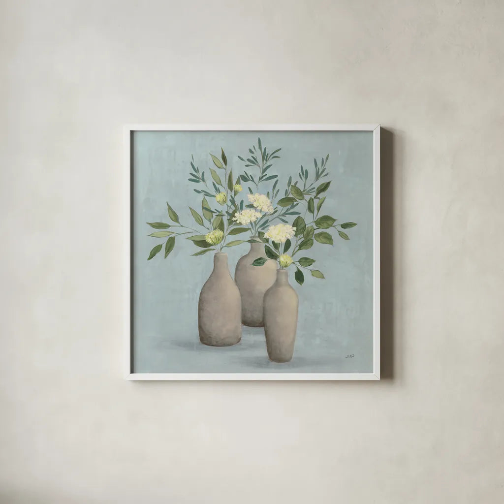 Natural Bouquet II Blue by Julia Purinton. Shown in a crisp white glass frame for a clean and minimalist style. Available as an archival giclee rolled canvas, fine art paper, or poster print. SKU 57585a.