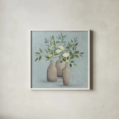 Natural Bouquet II Blue by Julia Purinton. Shown in a crisp white glass frame for a clean and minimalist style. Available as an archival giclee rolled canvas, fine art paper, or poster print. SKU 57585a.