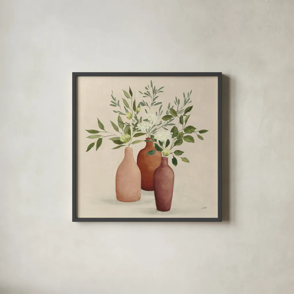 Natural Bouquet II Light by Julia Purinton. Shown in a sleek black glass frame for a contemporary gallery look. Available as an archival giclee rolled canvas, fine art paper, or poster print. SKU 67041a.