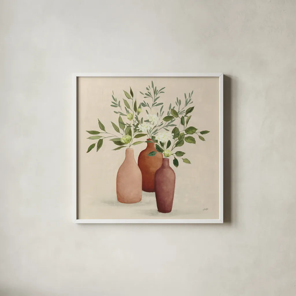 Natural Bouquet II Light by Julia Purinton. Shown in a crisp white glass frame for a clean and minimalist style. Available as an archival giclee rolled canvas, fine art paper, or poster print. SKU 67041a.