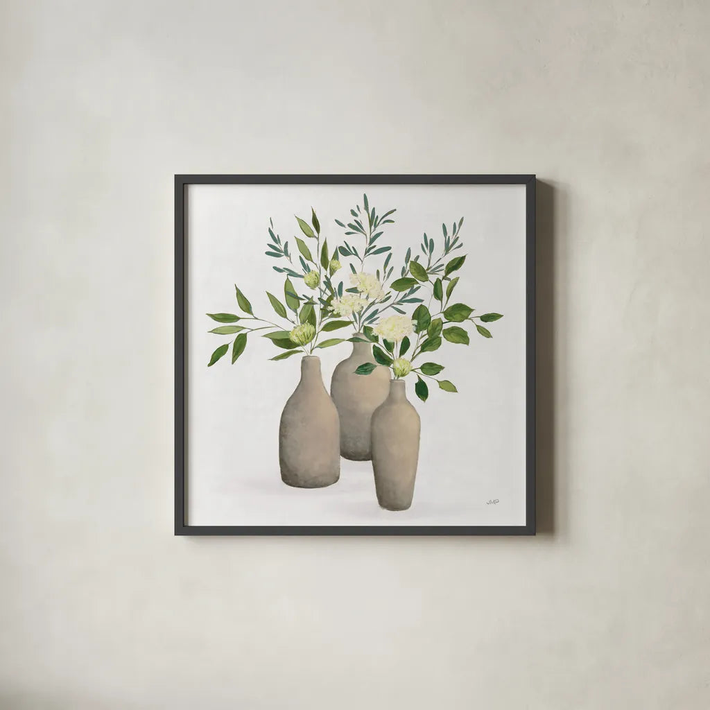 Natural Bouquet II White by Julia Purinton. Shown in a sleek black glass frame for a contemporary gallery look. Available as an archival giclee rolled canvas, fine art paper, or poster print. SKU 57589a.