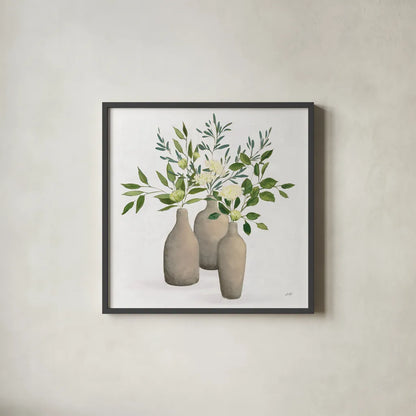 Natural Bouquet II White by Julia Purinton. Shown in a sleek black glass frame for a contemporary gallery look. Available as an archival giclee rolled canvas, fine art paper, or poster print. SKU 57589a.