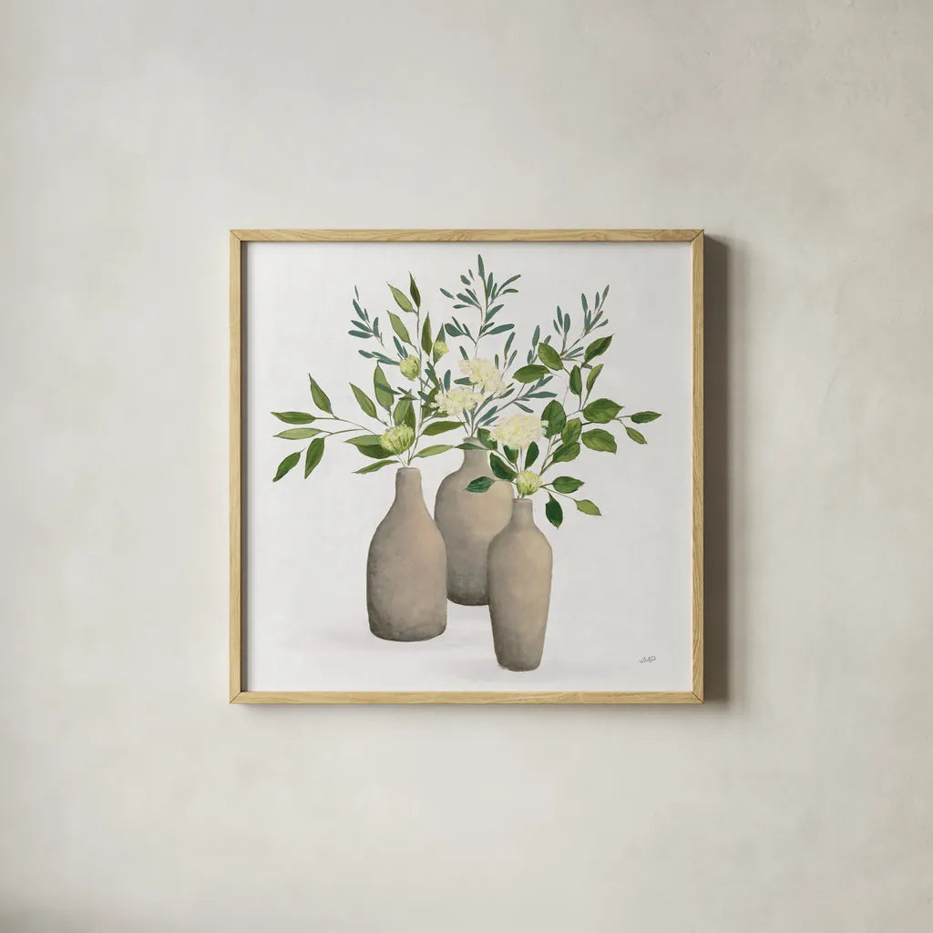 Natural Bouquet II White by Julia Purinton. Shown in a natural wood glass frame for a timeless modern aesthetic. Available as an archival giclee rolled canvas, fine art paper, or poster print. SKU 57589a.