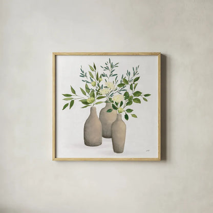 Natural Bouquet II White by Julia Purinton. Shown in a natural wood glass frame for a timeless modern aesthetic. Available as an archival giclee rolled canvas, fine art paper, or poster print. SKU 57589a.