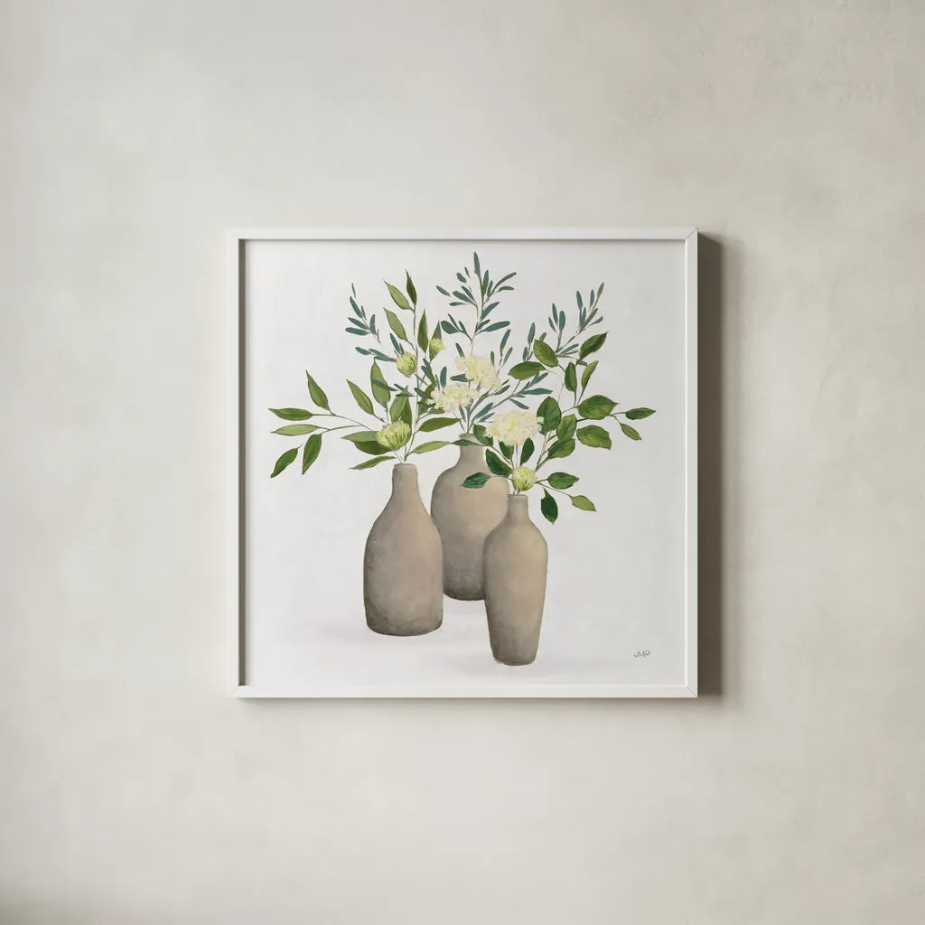 Natural Bouquet II White by Julia Purinton. Shown in a crisp white glass frame for a clean and minimalist style. Available as an archival giclee rolled canvas, fine art paper, or poster print. SKU 57589a.