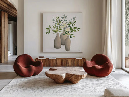 Natural Bouquet II White by Julia Purinton. Shown as extra-large giant wall art in a modern living room. Available as an archival giclee rolled canvas, fine art paper, or poster print. SKU 57589a.