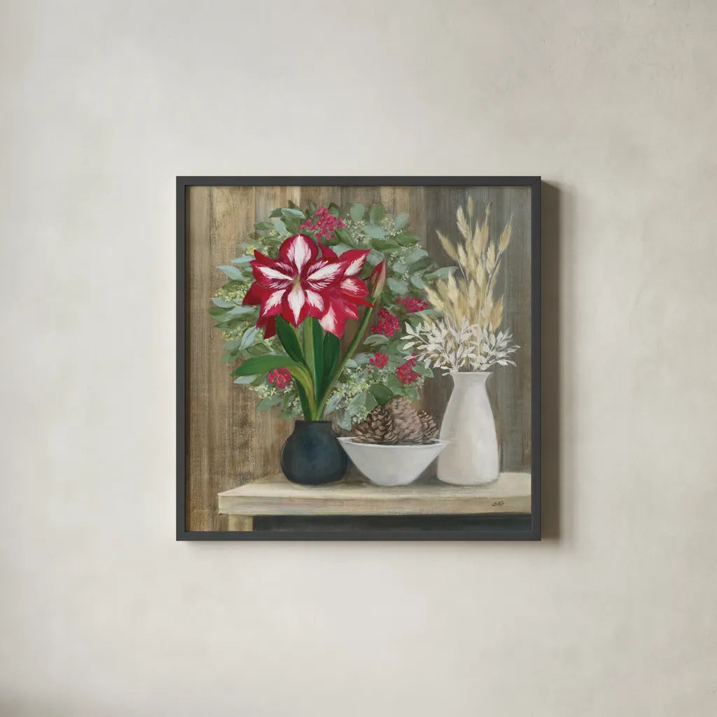 Natural Holiday by Julia Purinton. Shown in a sleek black glass frame for a contemporary gallery look. Available as an archival giclee rolled canvas, fine art paper, or poster print. SKU 75427a.