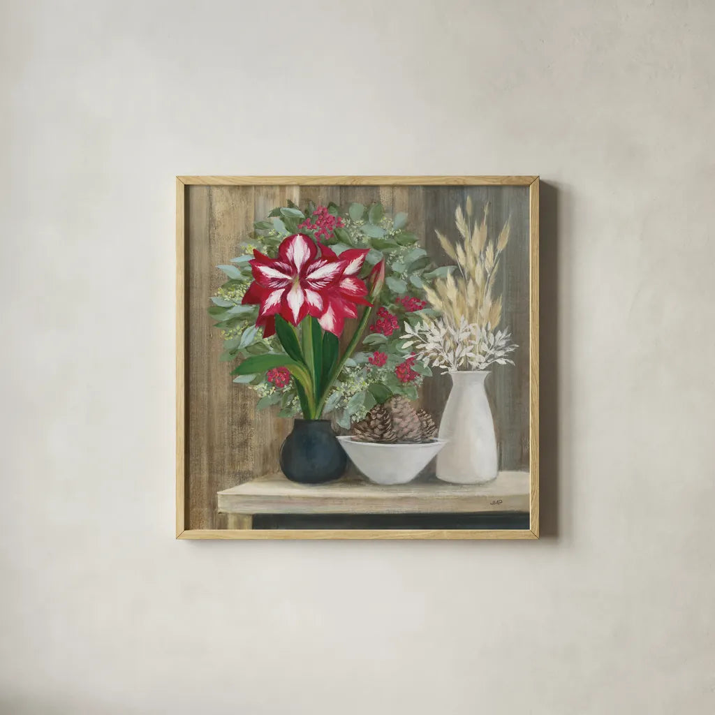 Natural Holiday by Julia Purinton. Shown in a natural wood glass frame for a timeless modern aesthetic. Available as an archival giclee rolled canvas, fine art paper, or poster print. SKU 75427a.