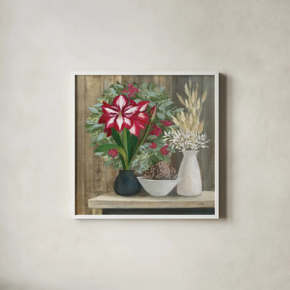 Natural Holiday by Julia Purinton. Shown in a crisp white glass frame for a clean and minimalist style. Available as an archival giclee rolled canvas, fine art paper, or poster print. SKU 75427a.