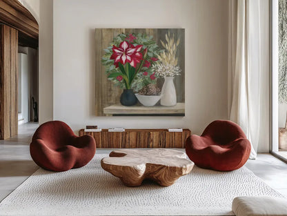 Natural Holiday by Julia Purinton. Shown as extra-large giant wall art in a modern living room. Available as an archival giclee rolled canvas, fine art paper, or poster print. SKU 75427a.