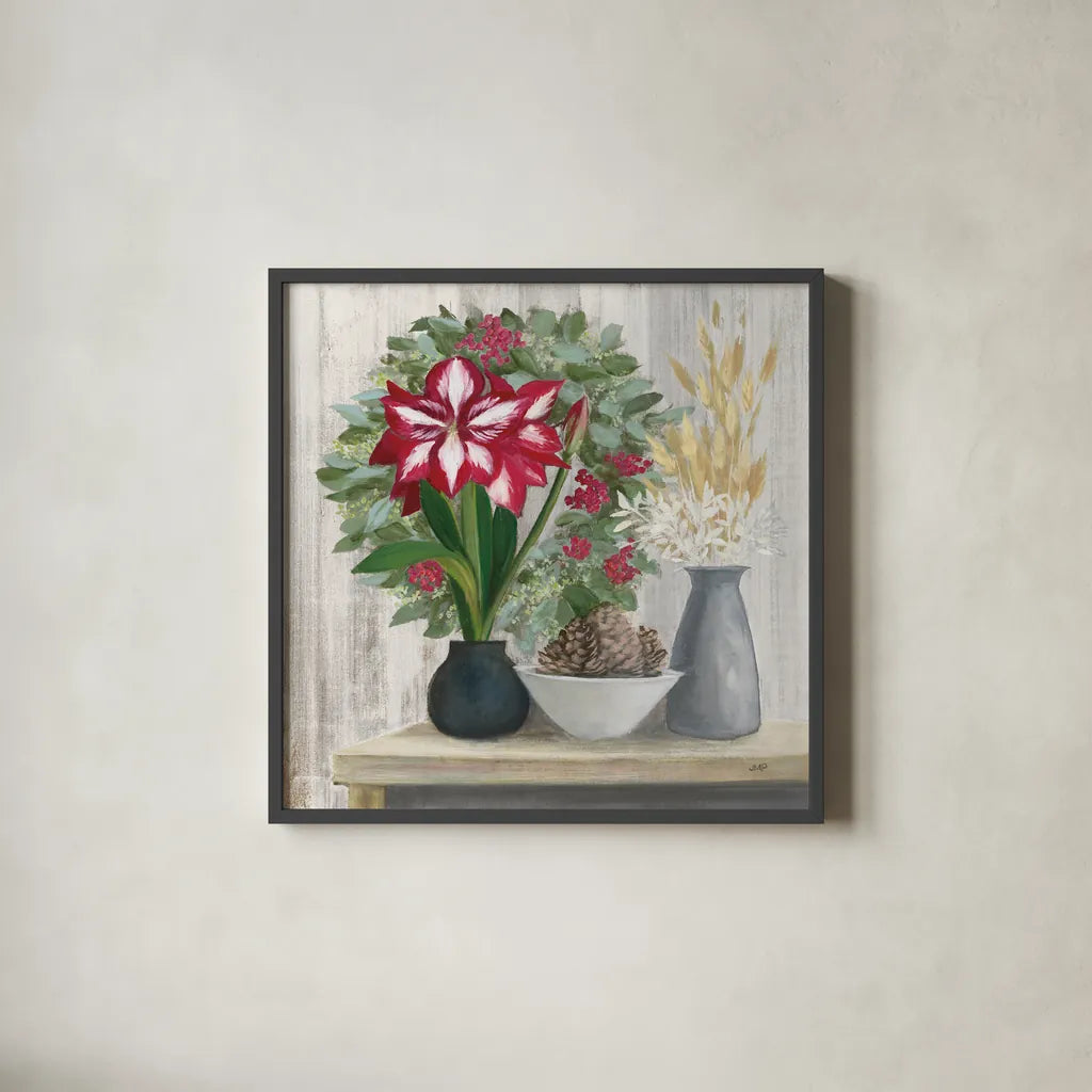 Natural Holiday Light by Julia Purinton. Shown in a sleek black glass frame for a contemporary gallery look. Available as an archival giclee rolled canvas, fine art paper, or poster print. SKU 79932a.