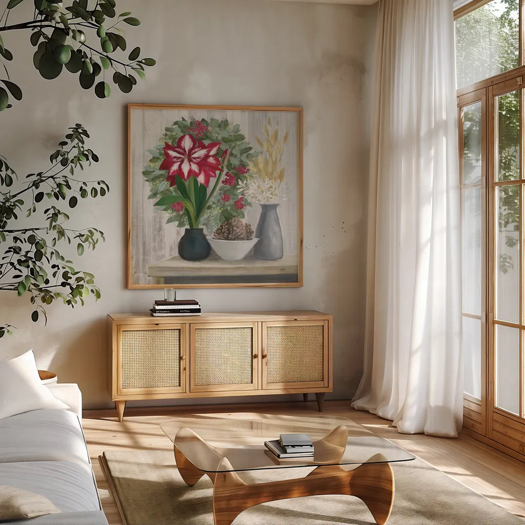 Natural Holiday Light by Julia Purinton. Shown in a natural wood frame in a cozy modern living room. Available as an archival giclee rolled canvas, fine art paper, or poster print. SKU 79932a.