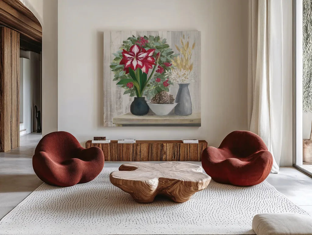 Natural Holiday Light by Julia Purinton. Shown as extra-large giant wall art in a modern living room. Available as an archival giclee rolled canvas, fine art paper, or poster print. SKU 79932a.