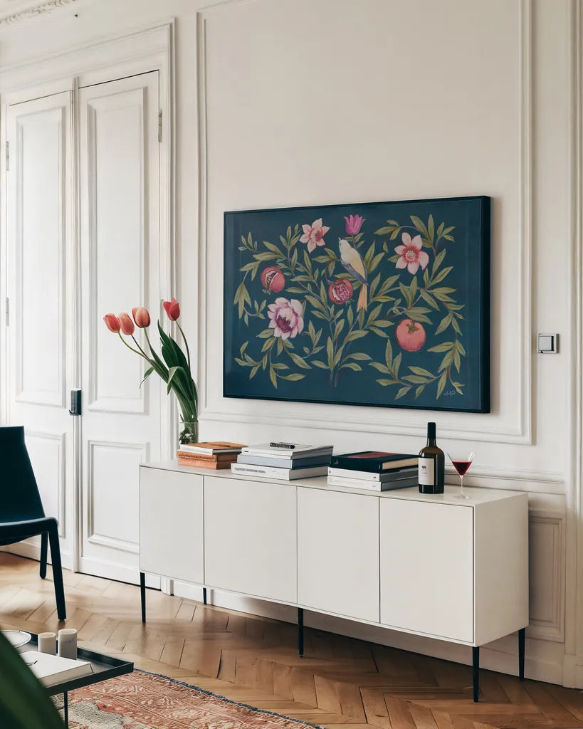 Natures Tapestry I by Julia Purinton. shown as a framed stretched canvas in a living room above a console. Available as a archival giclee rolled canvas, fine art paper, or poster print. SKU 88404i.