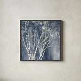 Navy Blue Birch Flipped by Julia Purinton. Shown in a sleek black glass frame for a contemporary gallery look. Available as an archival giclee rolled canvas, fine art paper, or poster print. SKU 56164a.