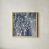 Navy Blue Birch Flipped by Julia Purinton. Shown in a natural wood glass frame for a timeless modern aesthetic. Available as an archival giclee rolled canvas, fine art paper, or poster print. SKU 56164a.