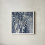 Navy Blue Birch Flipped by Julia Purinton. Shown in a crisp white glass frame for a clean and minimalist style. Available as an archival giclee rolled canvas, fine art paper, or poster print. SKU 56164a.