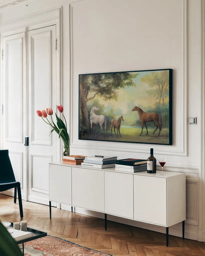 Near the Pasture by Julia Purinton. shown as a framed stretched canvas in a living room above a console. Available as a archival giclee rolled canvas, fine art paper, or poster print. SKU 78728i.