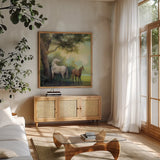 Near the Pasture Crop by Julia Purinton. Shown in a natural wood frame in a cozy modern living room. Available as an archival giclee rolled canvas, fine art paper, or poster print. SKU 78728a.