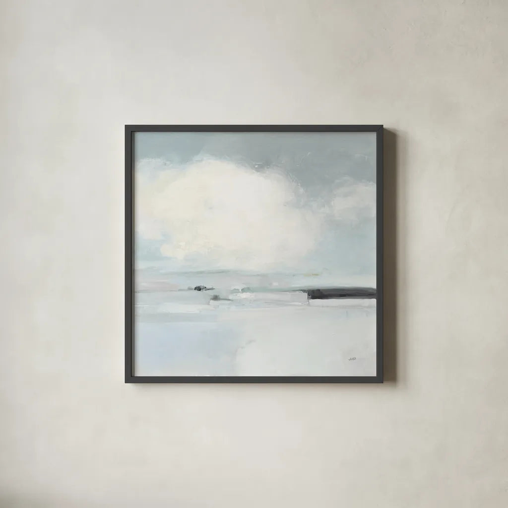 Neutral Horizon I by Julia Purinton. Shown in a sleek black glass frame for a contemporary gallery look. Available as an archival giclee rolled canvas, fine art paper, or poster print. SKU 60617a.